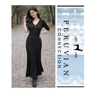 Peruvian Connection Black Ribbed Pima Cotton Short Sleeve Knit Maxi Dress Size S